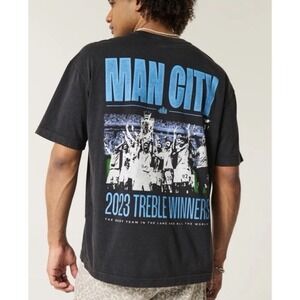 Manchester City Men Short Sleeve Graphic Tee T-Shirt Top Faded Black Hollister L